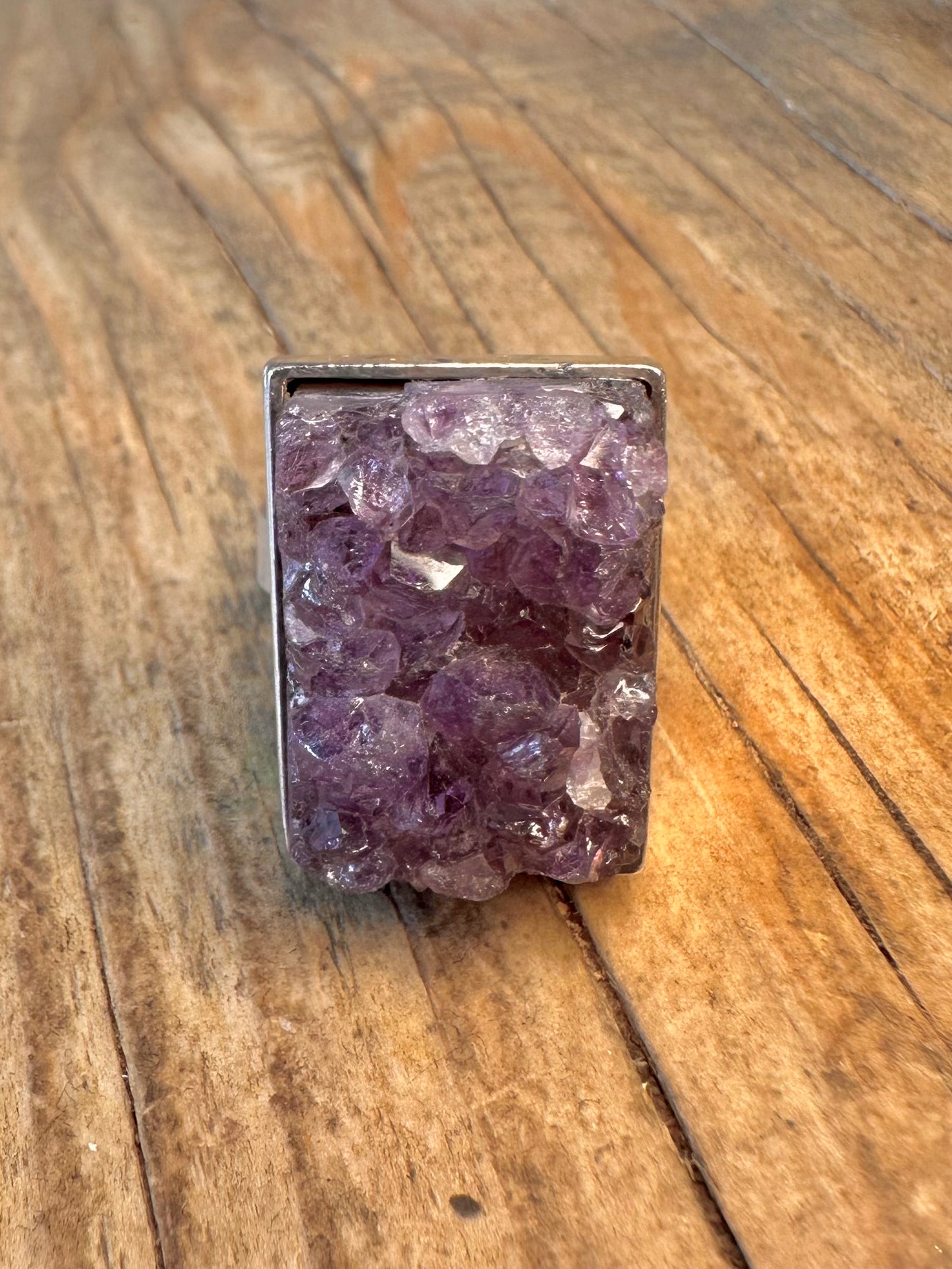 Stunning 1971 Rectangle Raw Amethyst 925 Sterling Silver Size M Ring