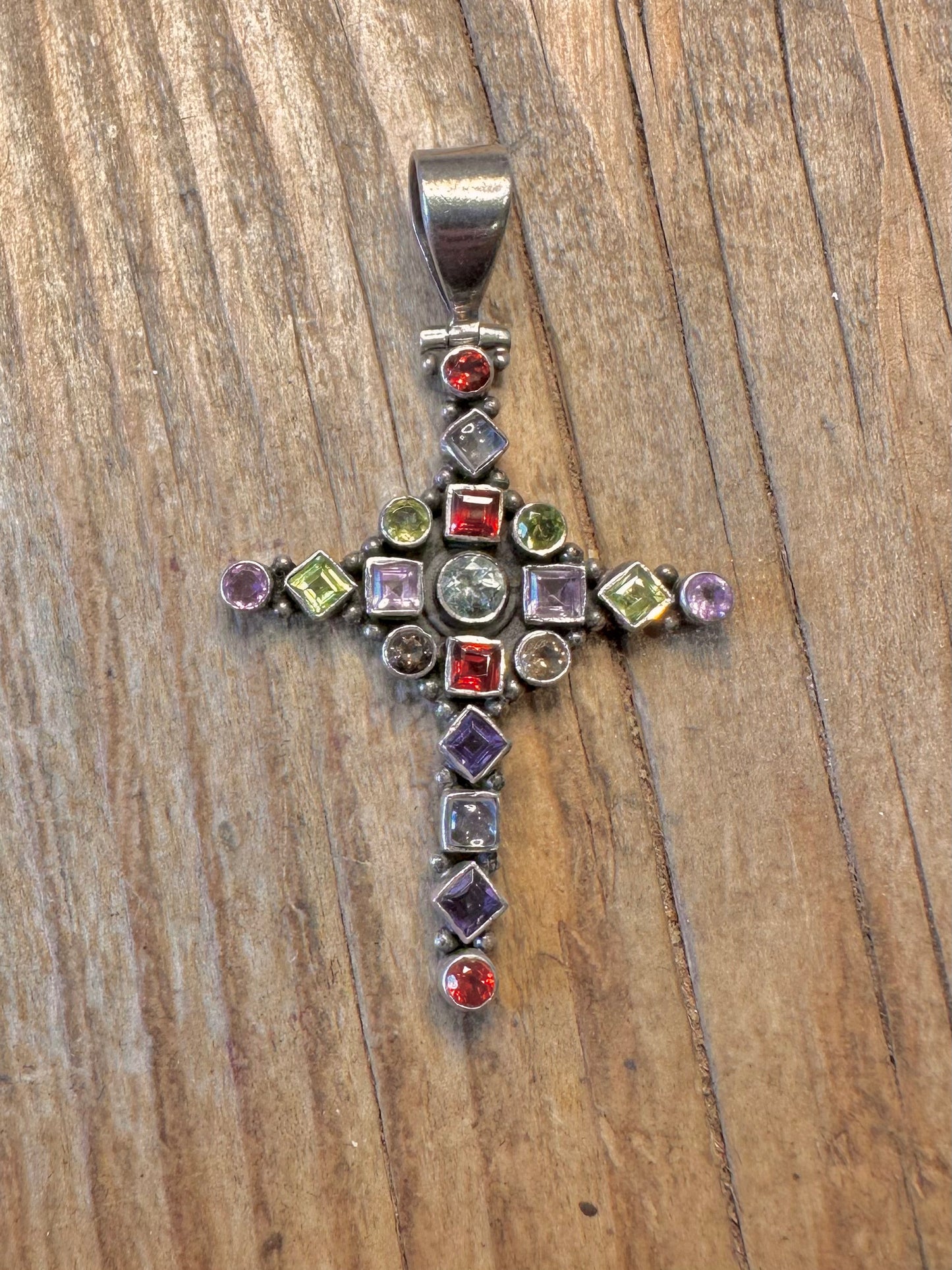Multi Gemstone Cross 925 Sterling Silver Pendant