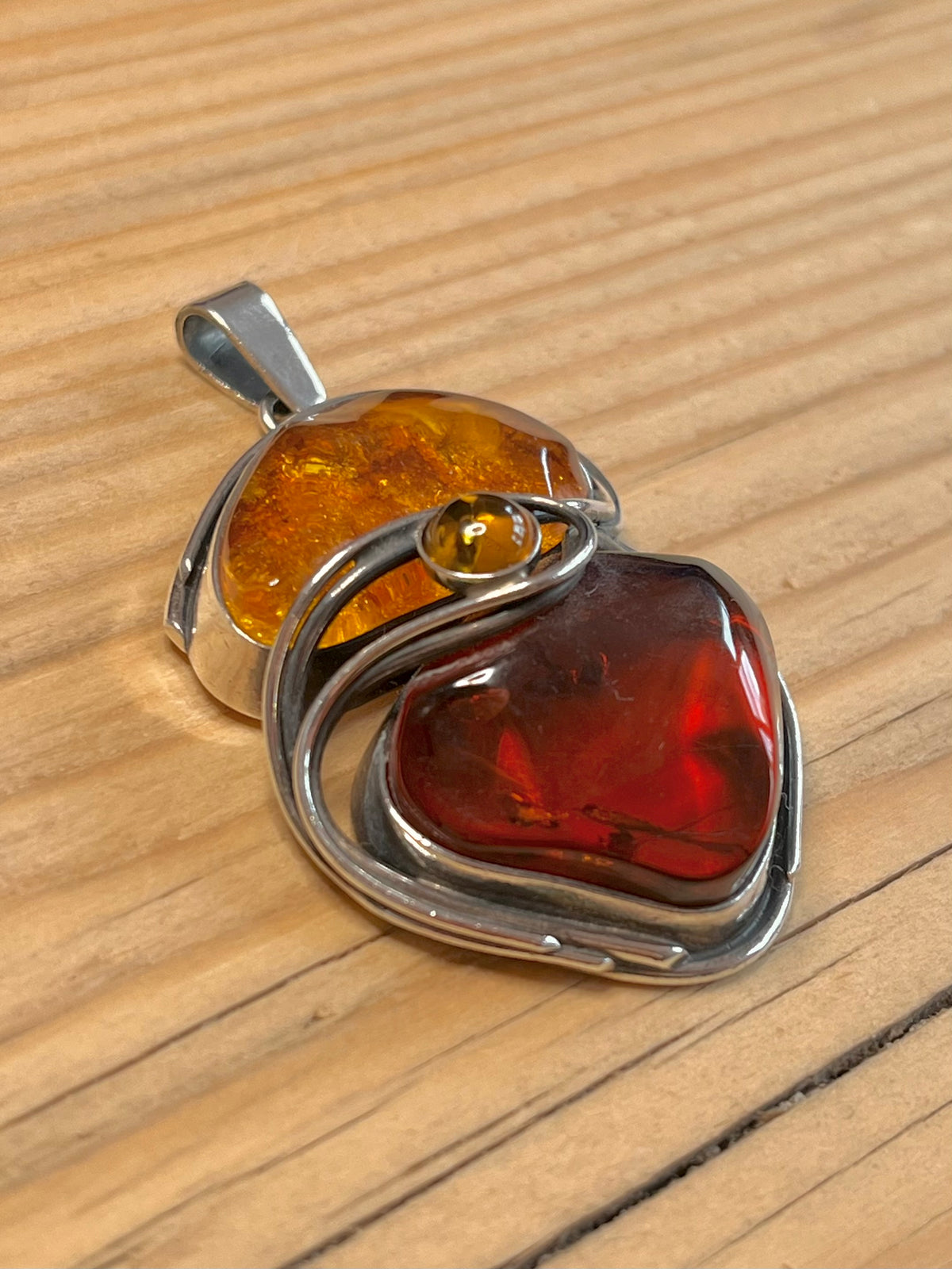 Large Abstract Mixed Amber 925 Sterling Silver Pendant