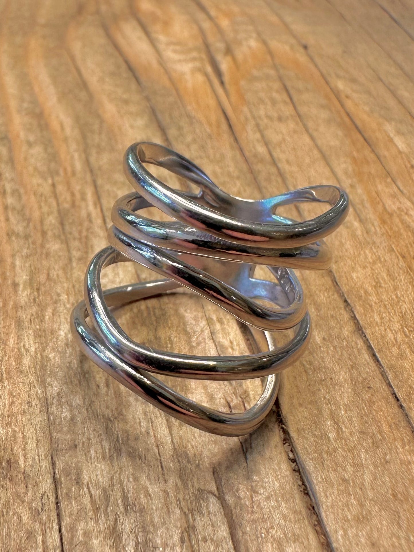 Abstract Multi Layer Long 925 Sterling Silver Size N Ring