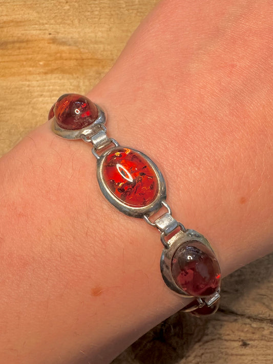 Vintage Amber Oval Link 925 Silver 6.8 inch Bracelet