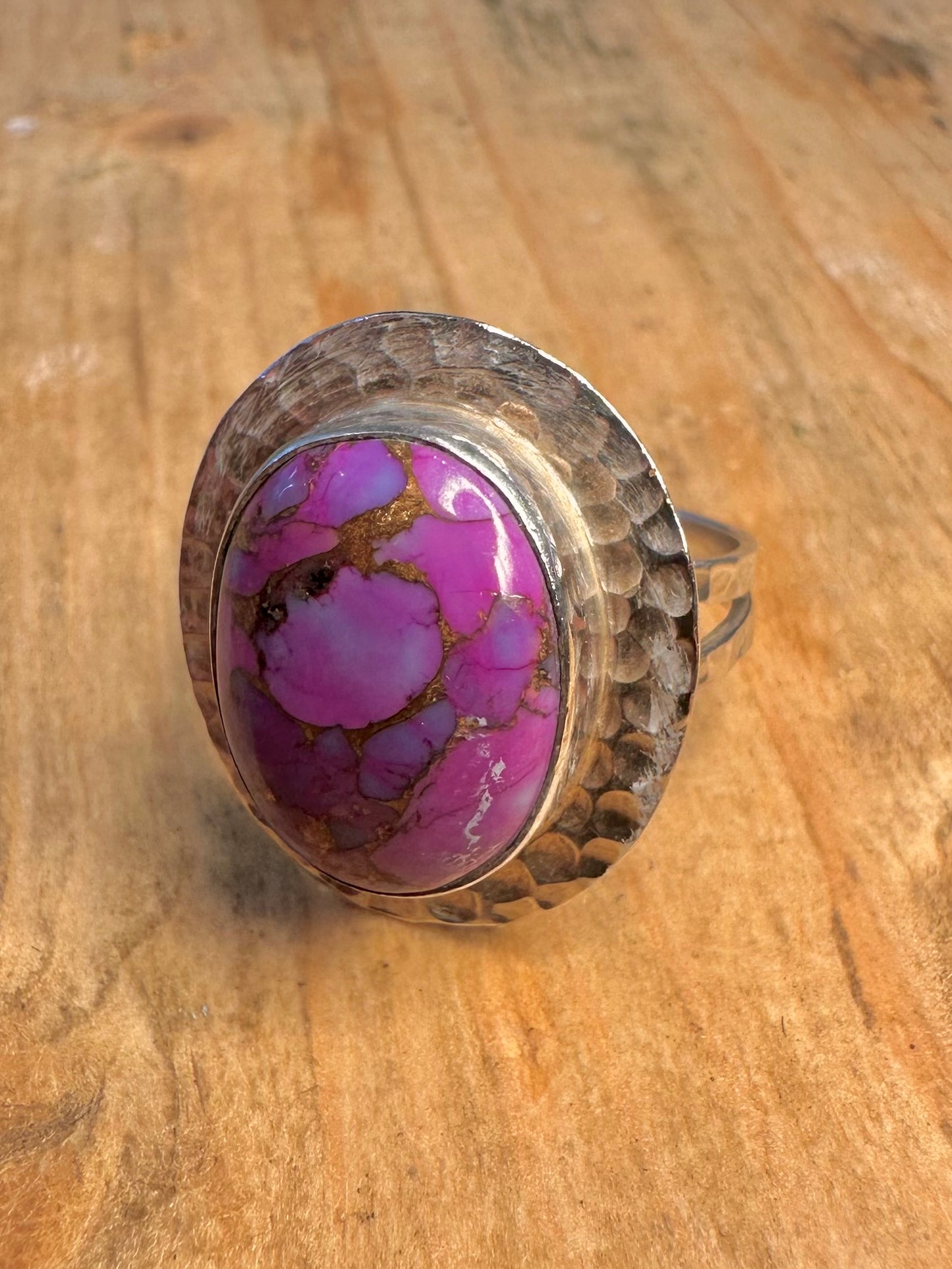 Purple Copper Turquoise Hammered Oval 925 Sterling Silver Size S Ring