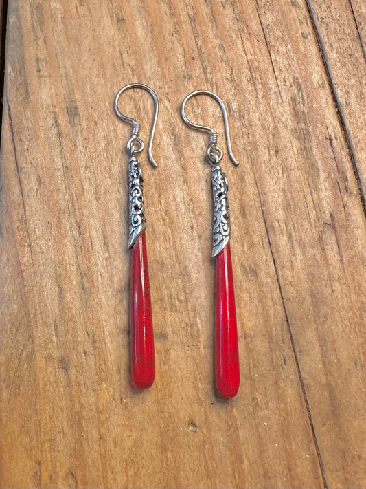 Bali Style Red Coral Polished Dangle 925 Sterling Silver Earrings