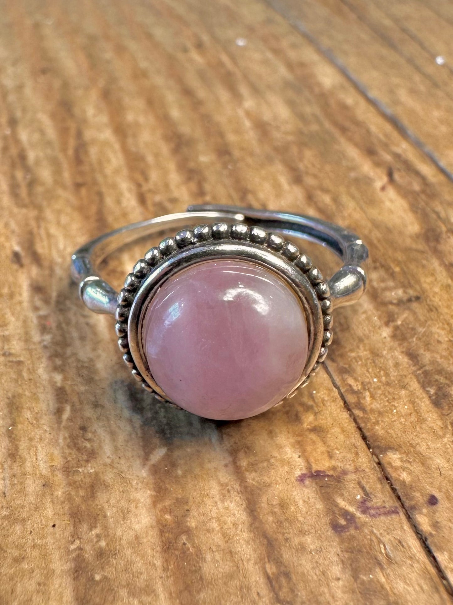 Rose Quarts Bamboo Style Adjustable 925 Sterling Silver Size R Ring
