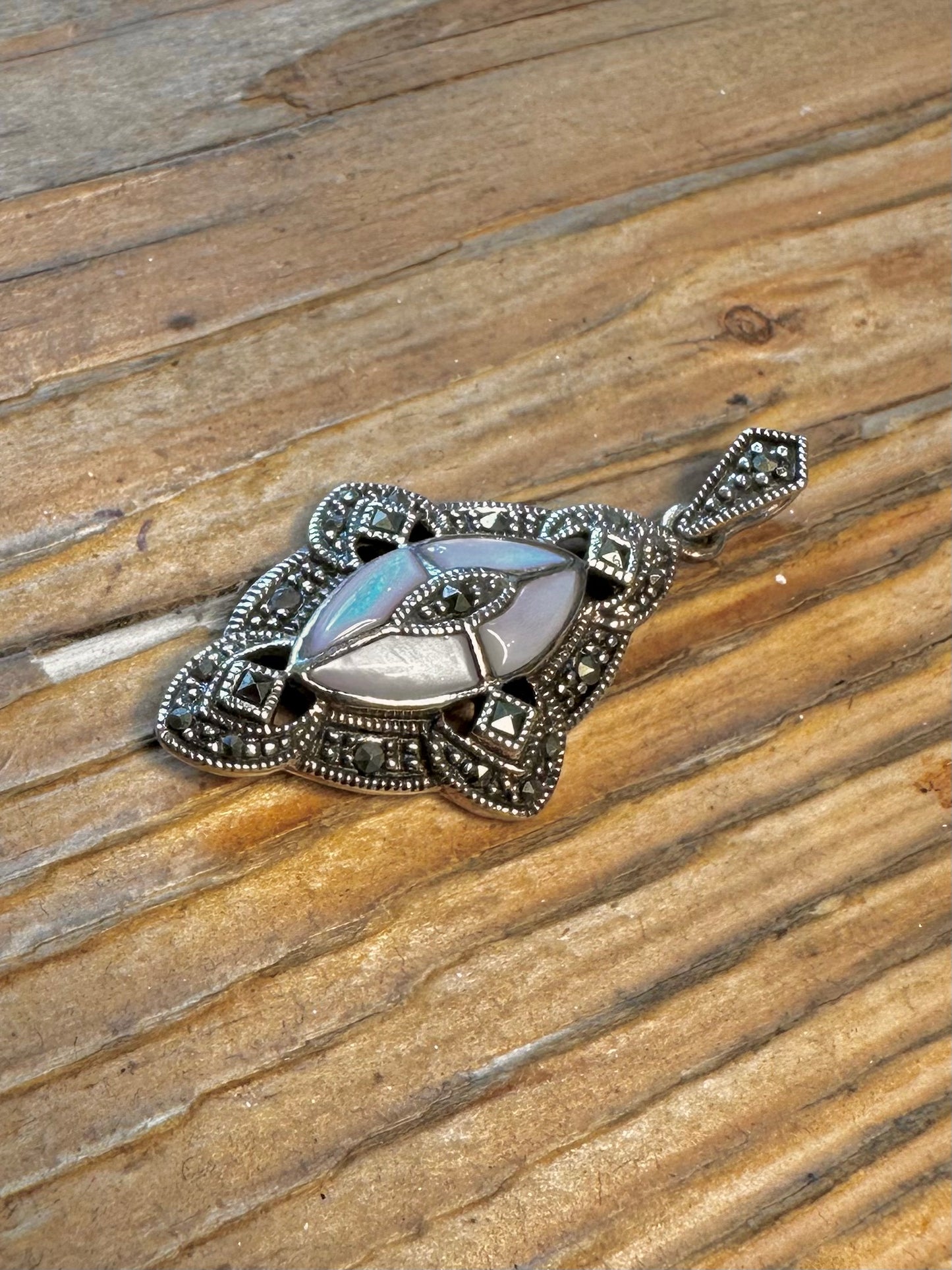 Art Deco Mother of Pearl and Marcasite Ornate 925 Sterling Silver Pendant