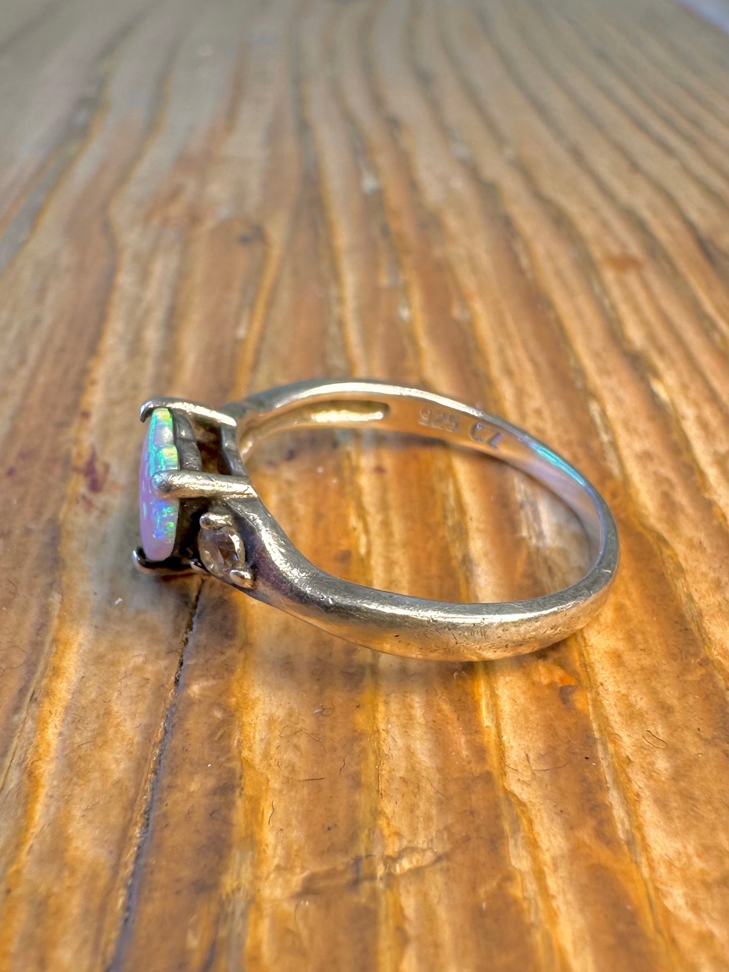 Opal Heart and CZ 925 Sterling Silver Size N Ring
