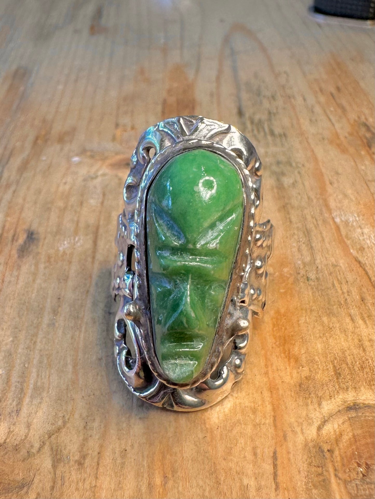 Aztec Green Onyx Poison Ring Orange Mexico 925 Sterling Silver Size R Adjustable Ring