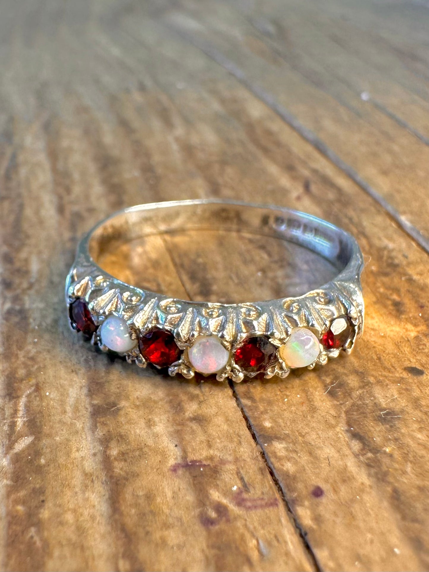 Opal and Garnet 1979 Victorian Style 925 Sterling Silver Size P Ring