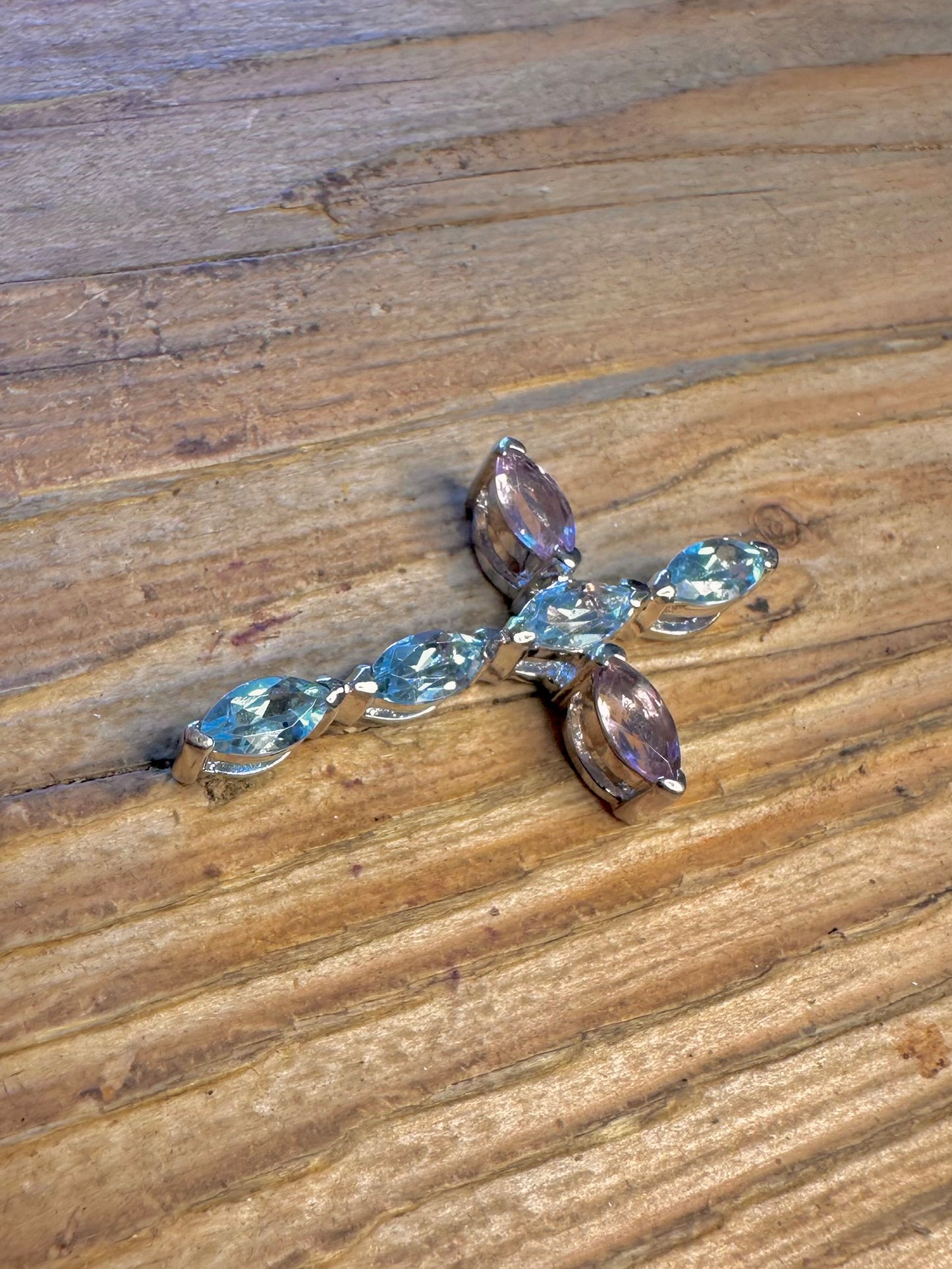 Blue Topaz and Amethyst Cross 925 Sterling Silver Pendant