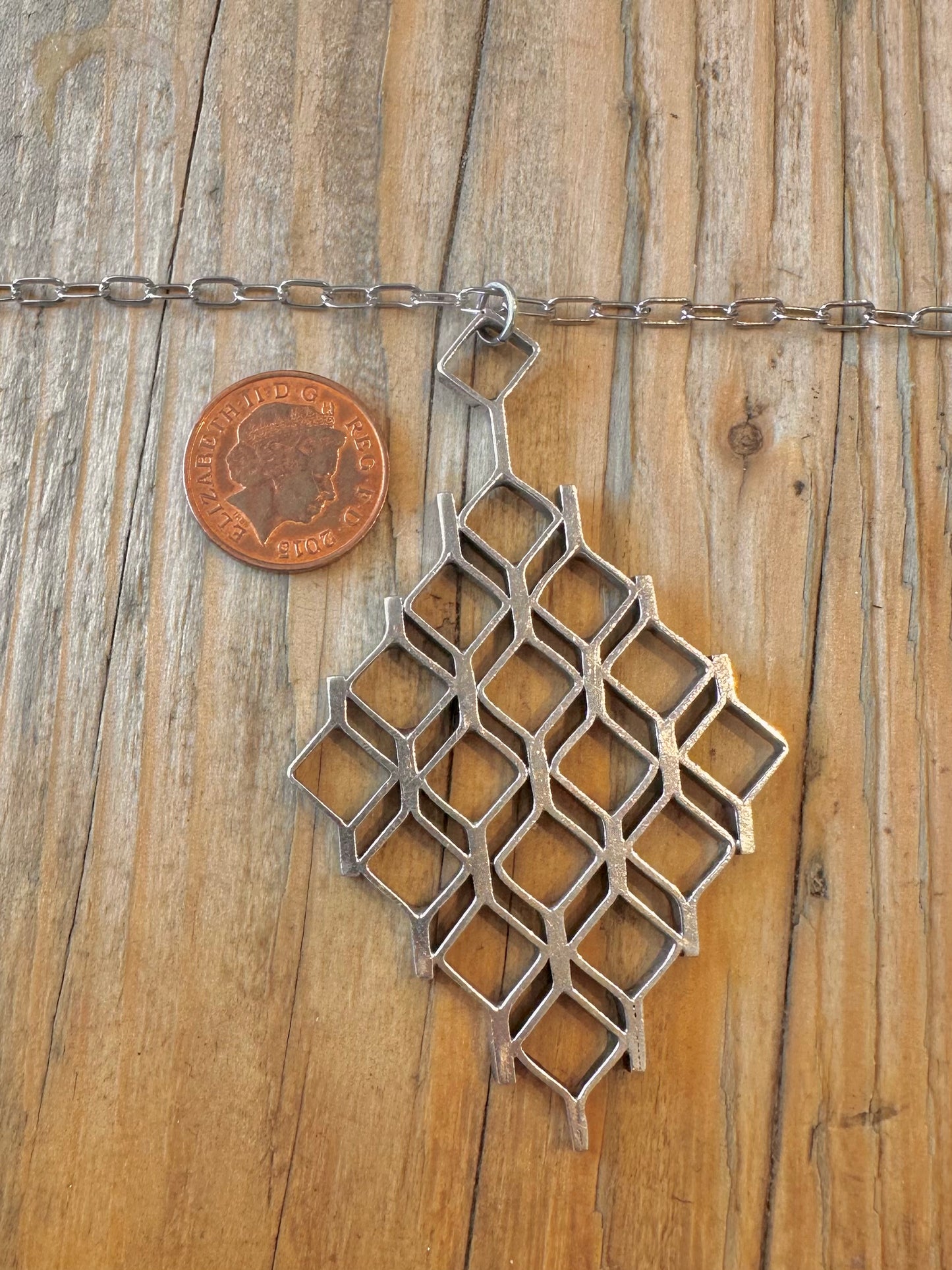 Jack Spencer 1973 Rhombus Sheffield Paper Link Chain 925 Sterling Silver 23.5 inch Necklace Pendant