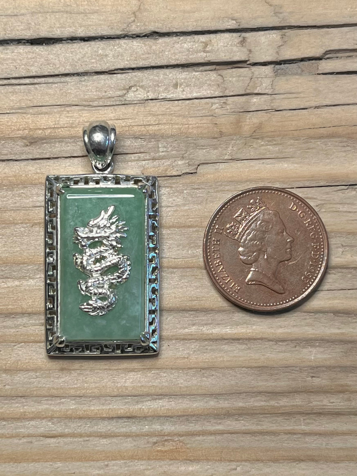 Rectangular Jade Dragon 925 Sterling Silver Pendant