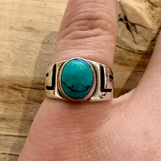 Vintage Turquoise Greek Key Style 925 Silver Size L Ring