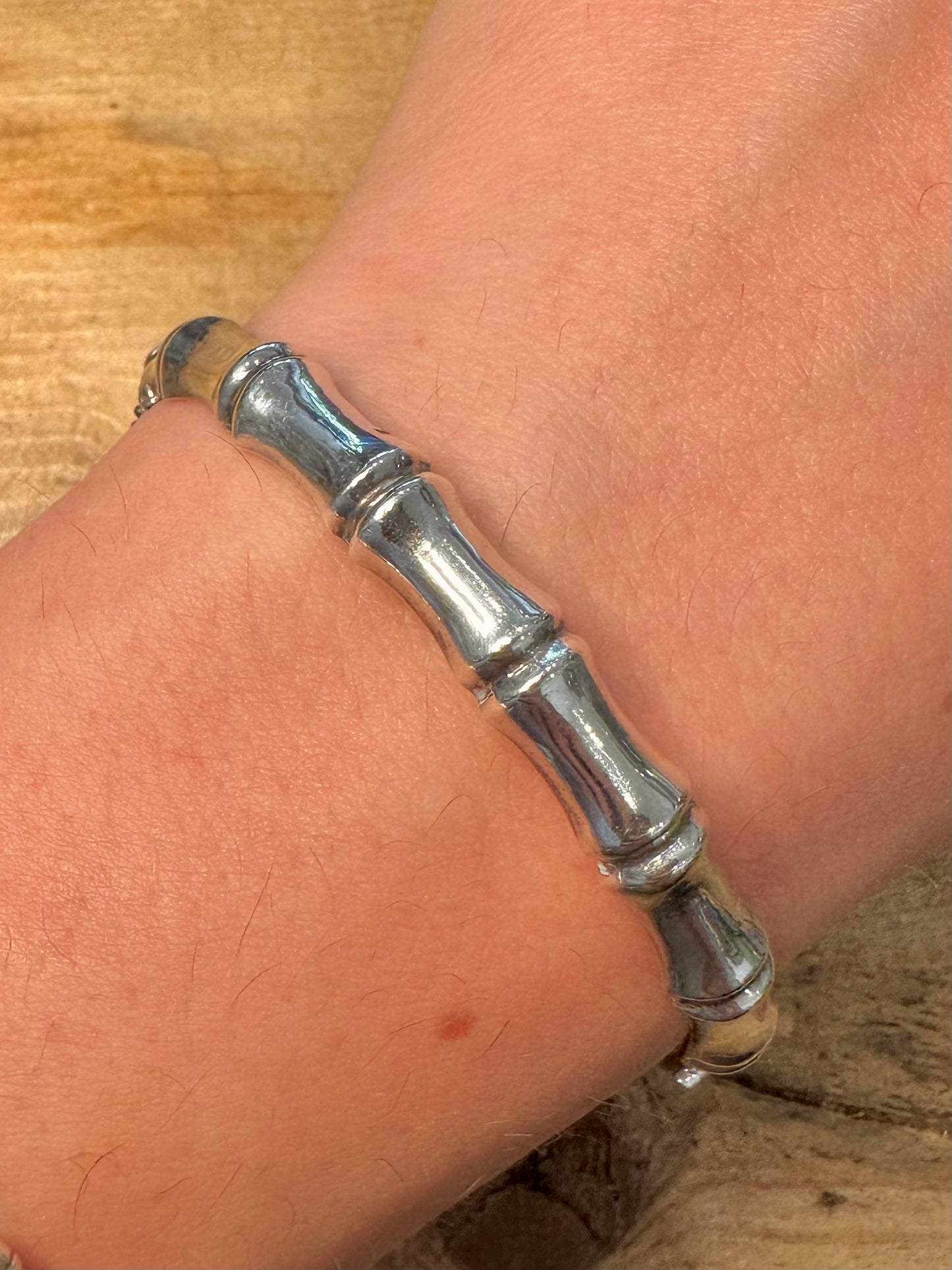 Vintage 1966 Bamboo Style with Safety Chain 925 Silver Bangle