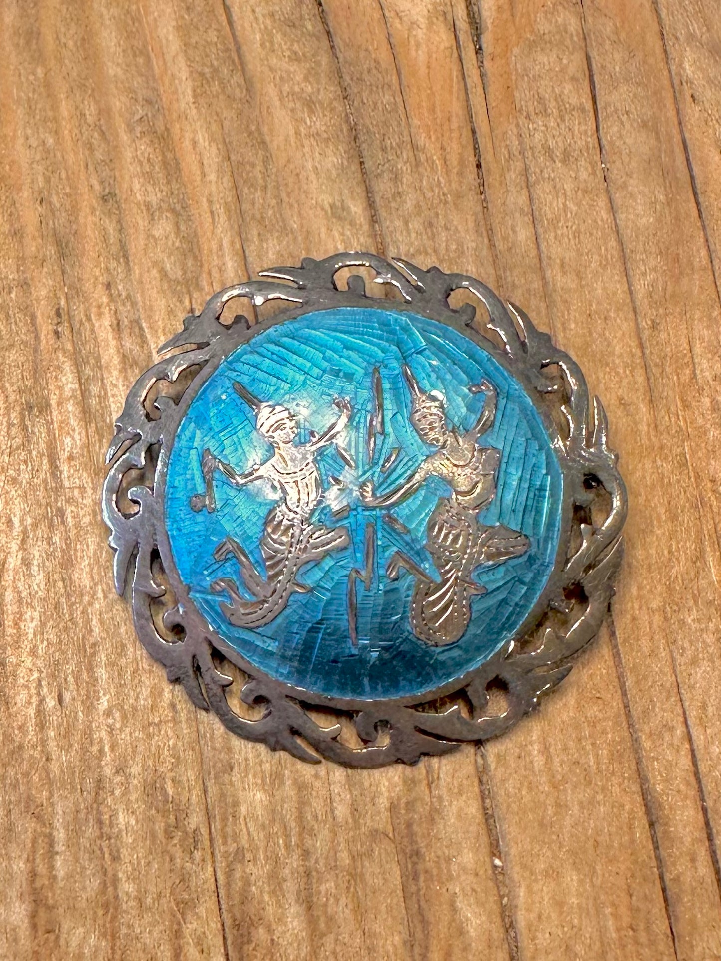 Vintage Siam Blue Enamel Deities Mekkala and Ramasoon 925 Sterling Silver Brooch