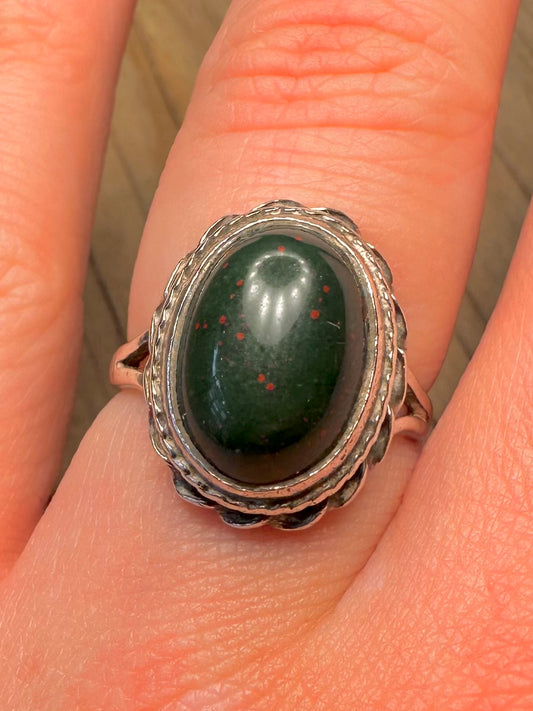Vintage 1977 Bloodstone 925 Sterling Silver Size O Split on band Ring
