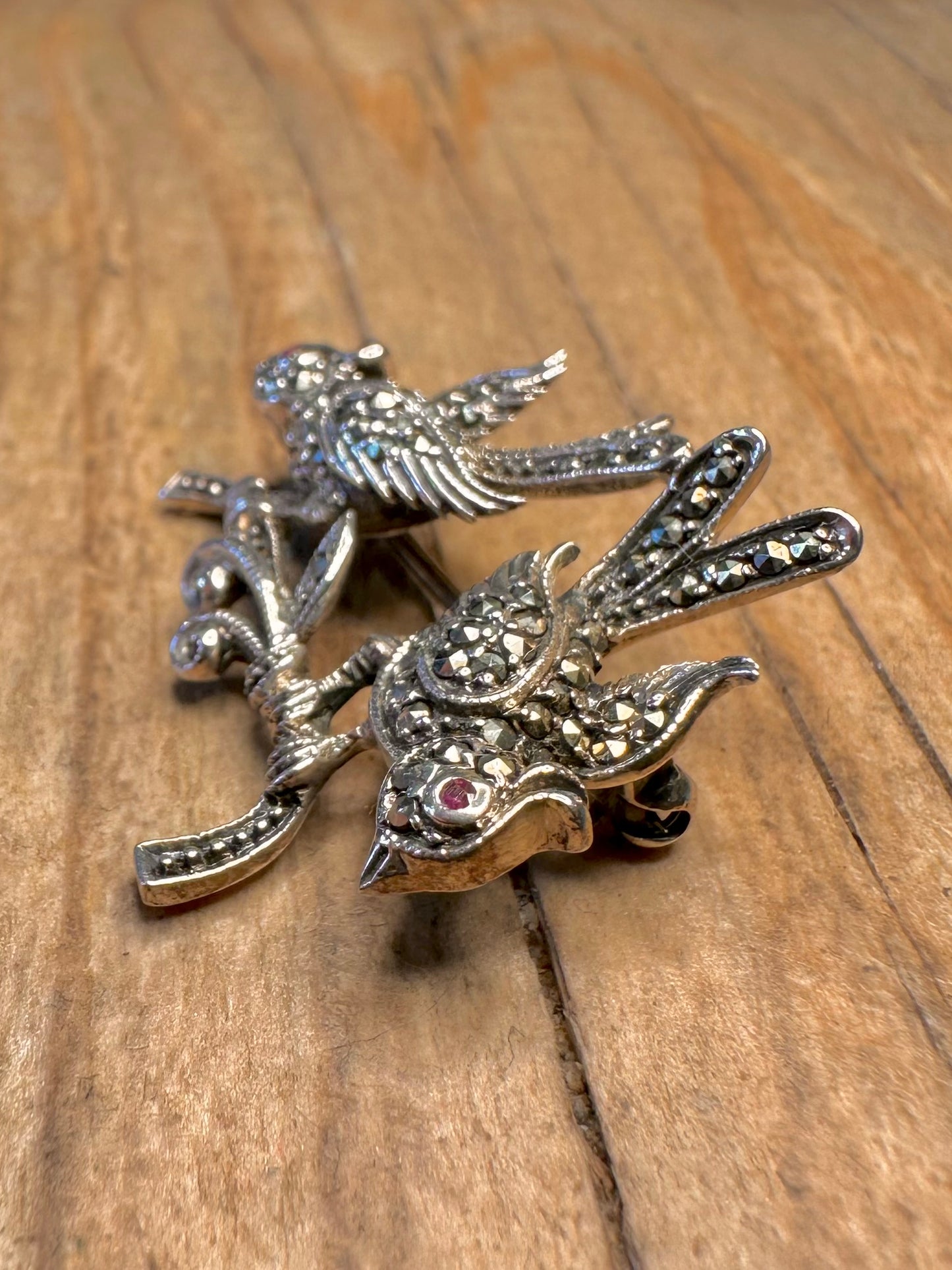 Vintage Two Bird and Branch Marcasite and Red Stone 925 Sterling Silver Brooch