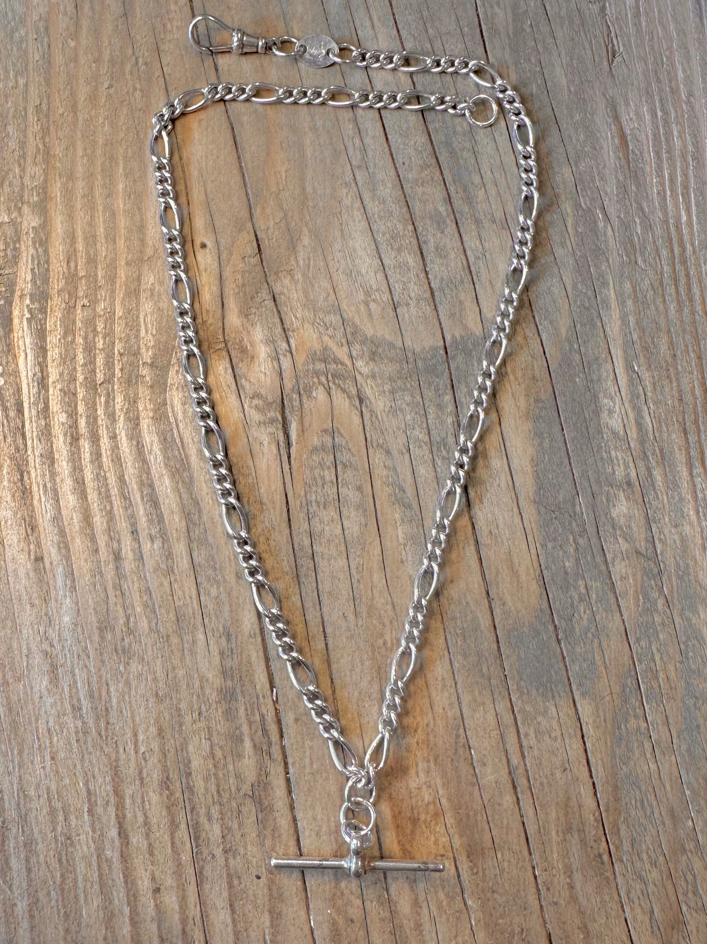 Figaro Albert Chain T Bar Italy Maker IBB 925 Sterling Silver 18 inch Necklace