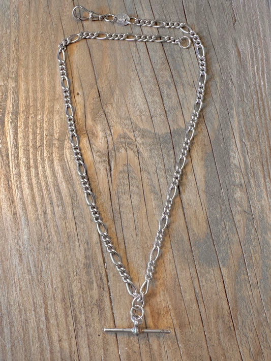 Figaro Albert Chain T Bar Italy Maker IBB 925 Sterling Silver 18 inch Necklace
