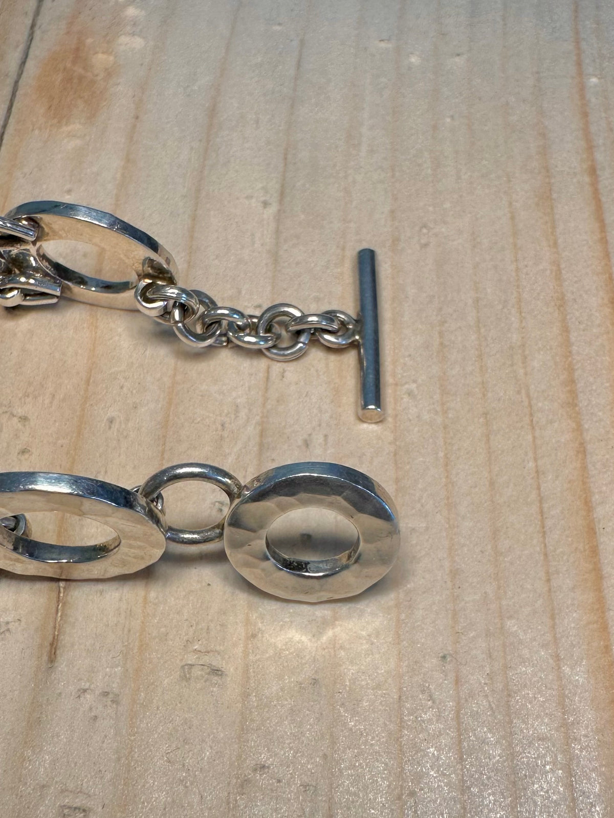 Hammered Circle Link T Bar 925 Sterling Silver 7.4 inch Bracelet