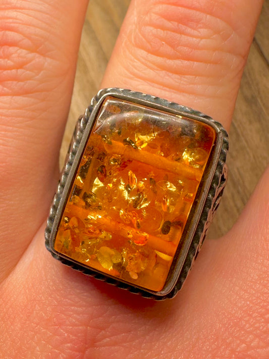 Vintage Amber Rectangle Ornate 925 Sterling Silver Size U Ring