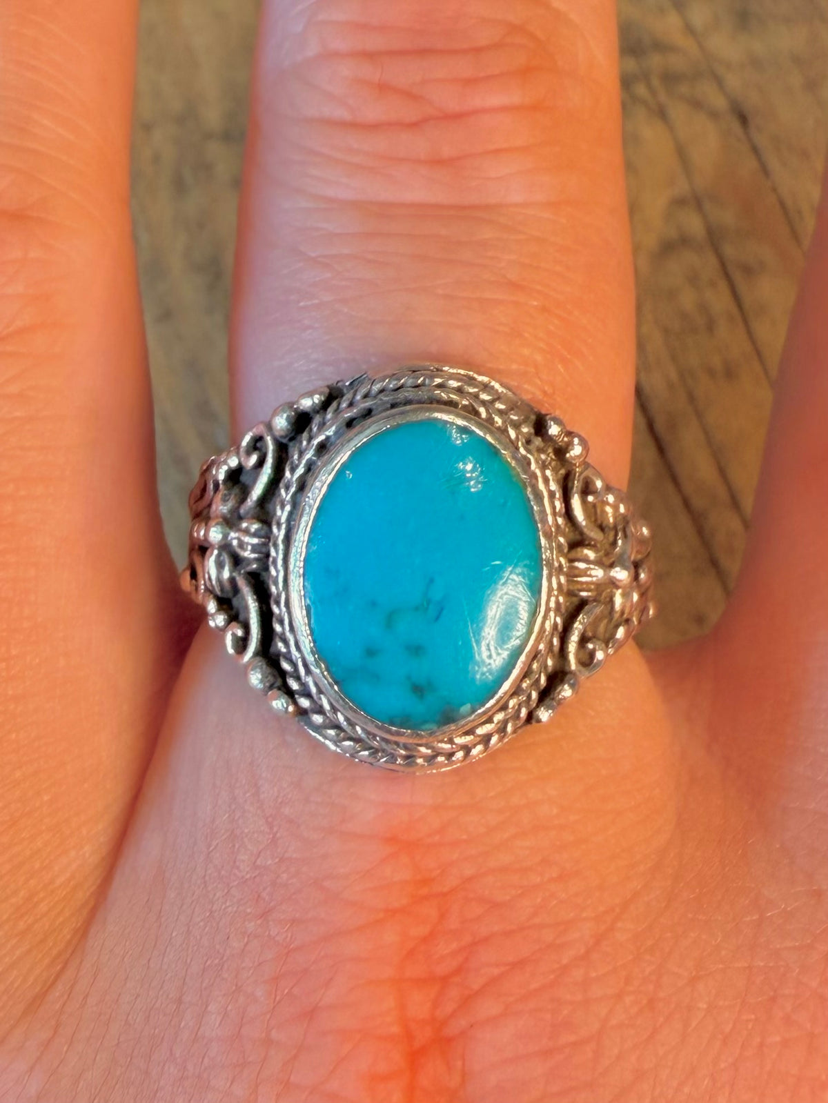 Turquoise Signet Ornate Design 925 Sterling Silver Size V Ring