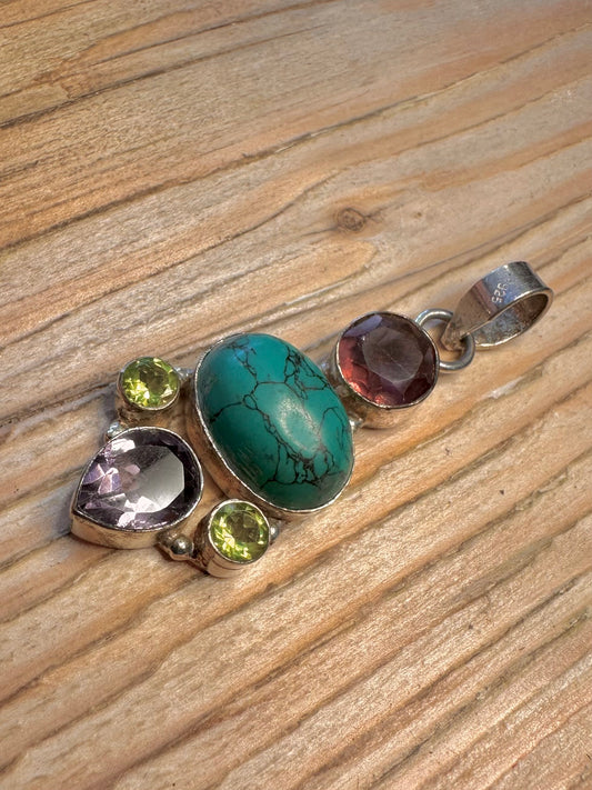 Vintage Gemstones and Turquoise 925 Sterling Silver Pendant