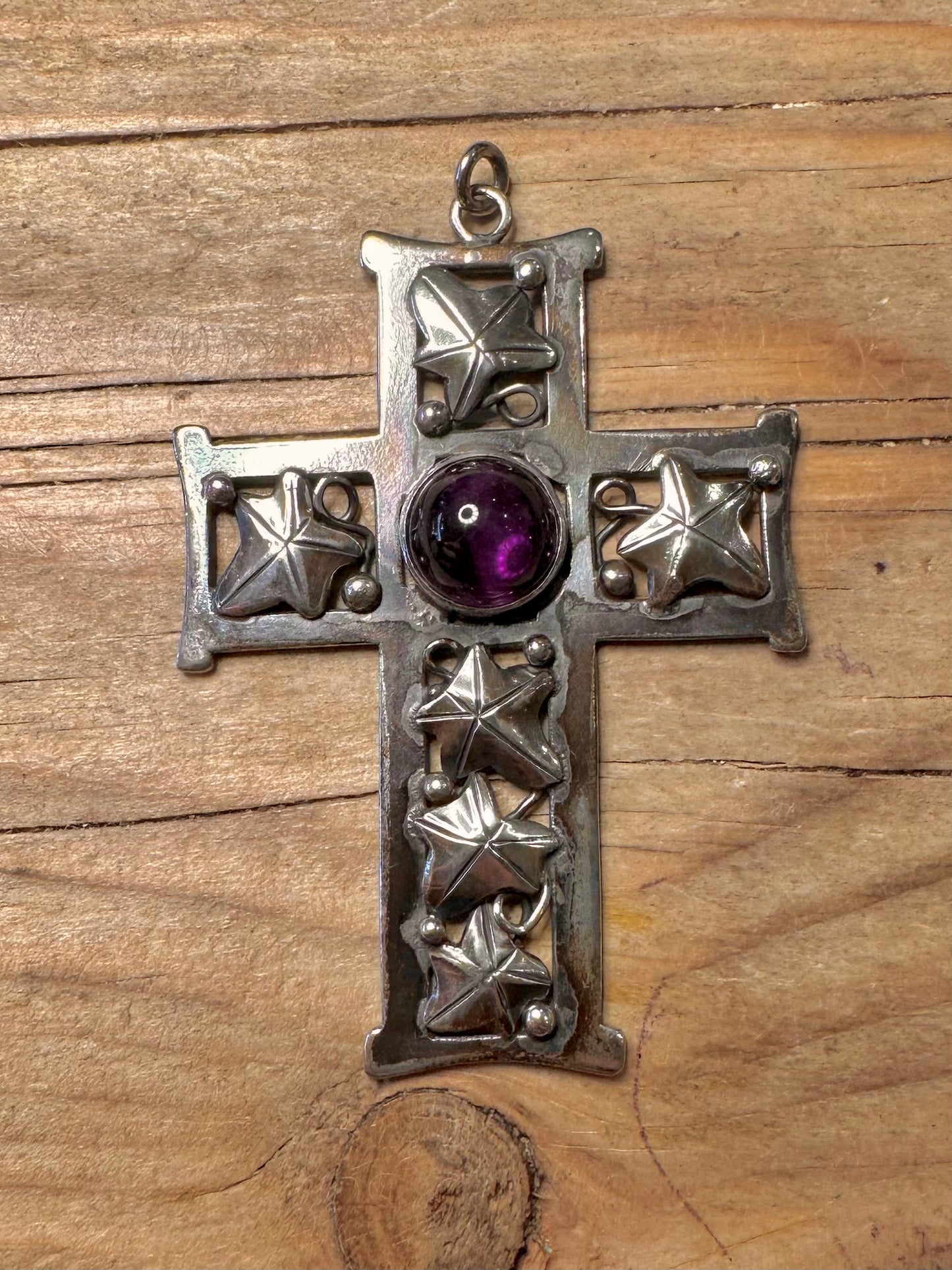 Vintage Amethyst Blatt-Design Kreuz 925 Sterlingsilber Anhänger