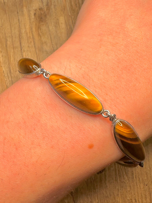 Vintage Tigers Eye Oval 925 Sterling Silver 8 inch Bracelet