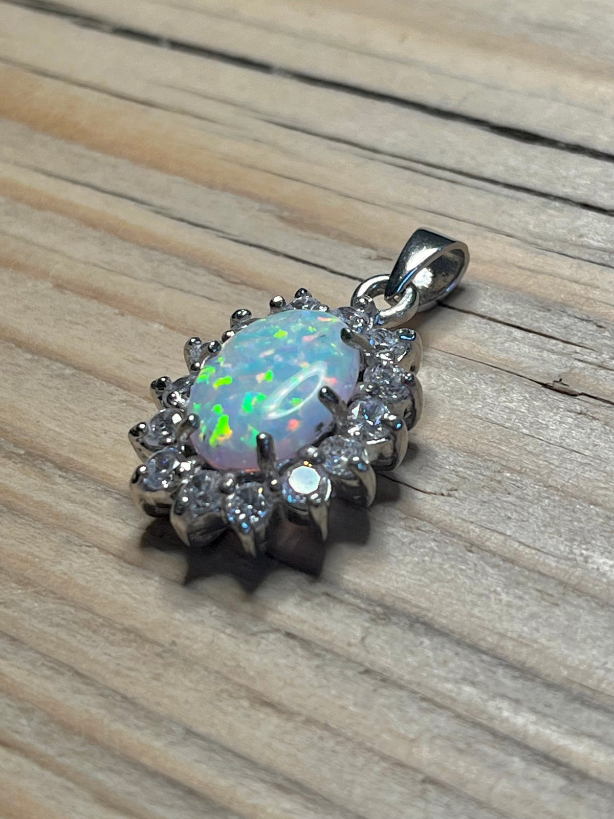 Oval Opal and White CZ 925 Sterling Silver Pendant