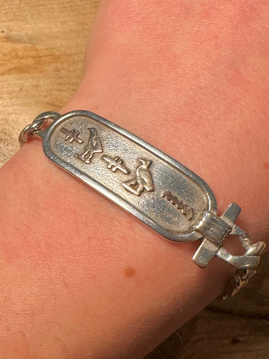 Vintage Cartouche Curb Chain 925 Silver with Gold Plated Symbols 7.5 inch Bracelet