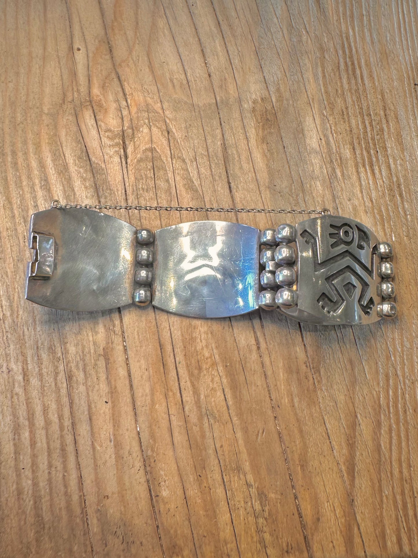 Vintage Mexican Tribal Figure Hinged with Safety Chain 925 Sterling Silver Bracelet