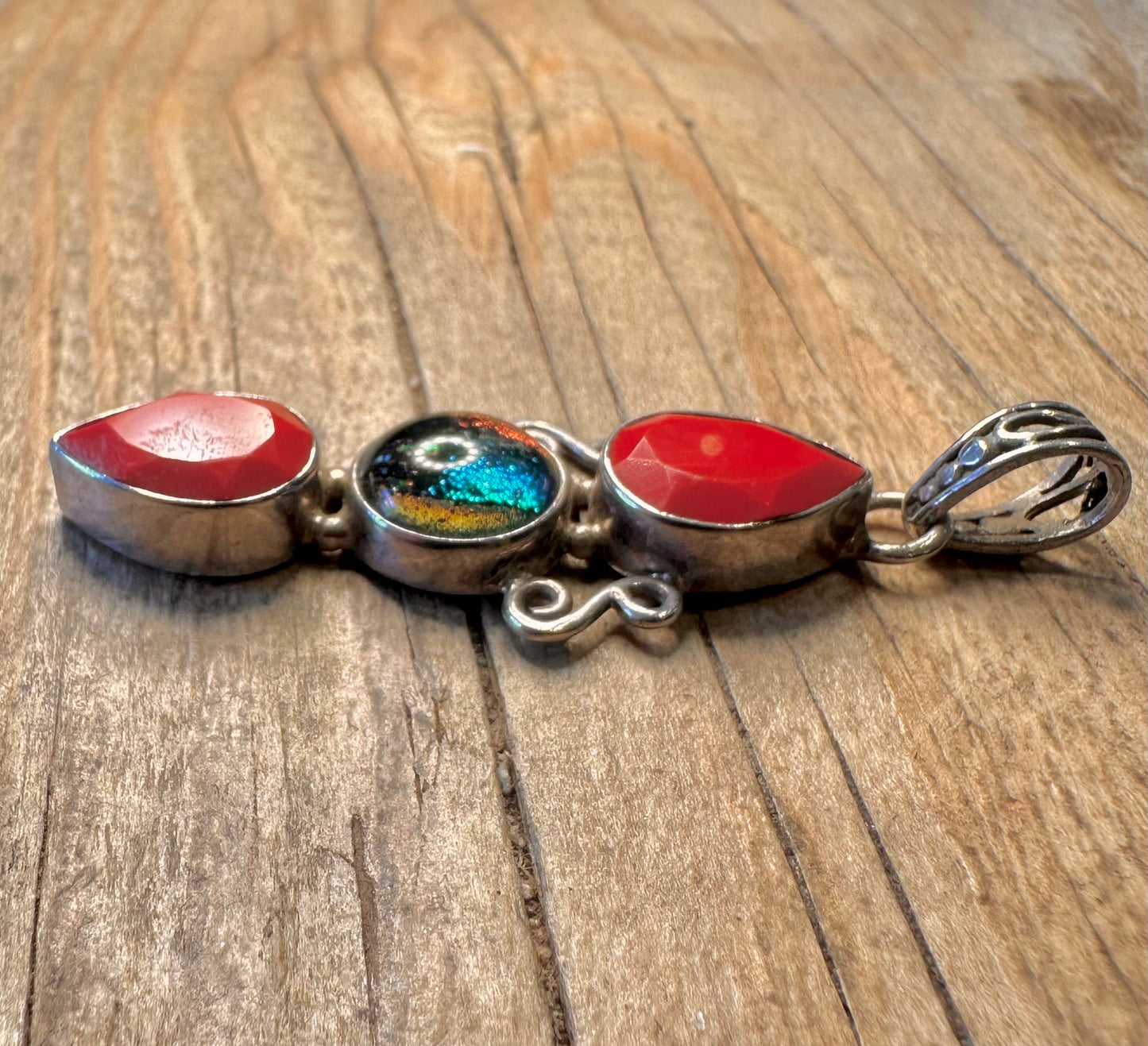 Vintage Red Stone and Glass Foil 925 Sterling Silver Pendant