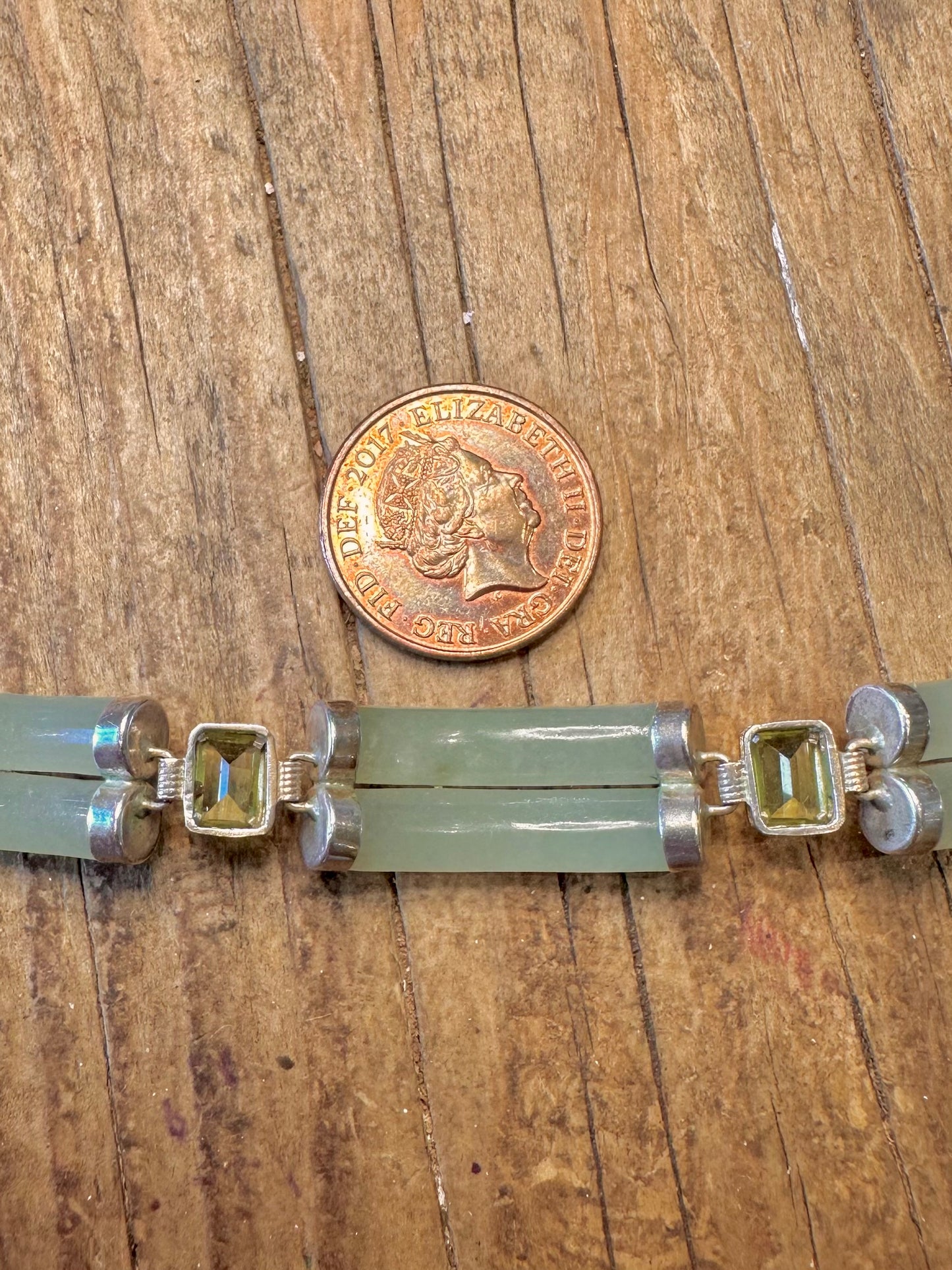 Jade Double Cylinders and Peridot 925 Sterling Silver 7.5 inch Bracelet