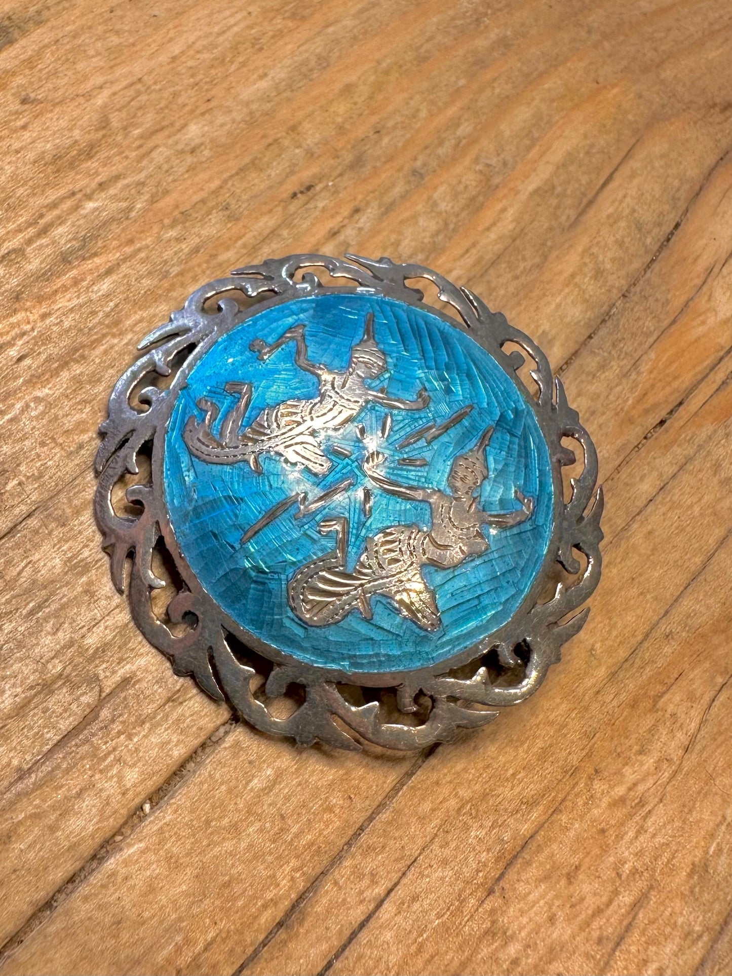 Vintage Siam Blue Enamel Deities Mekkala and Ramasoon 925 Sterling Silver Brooch