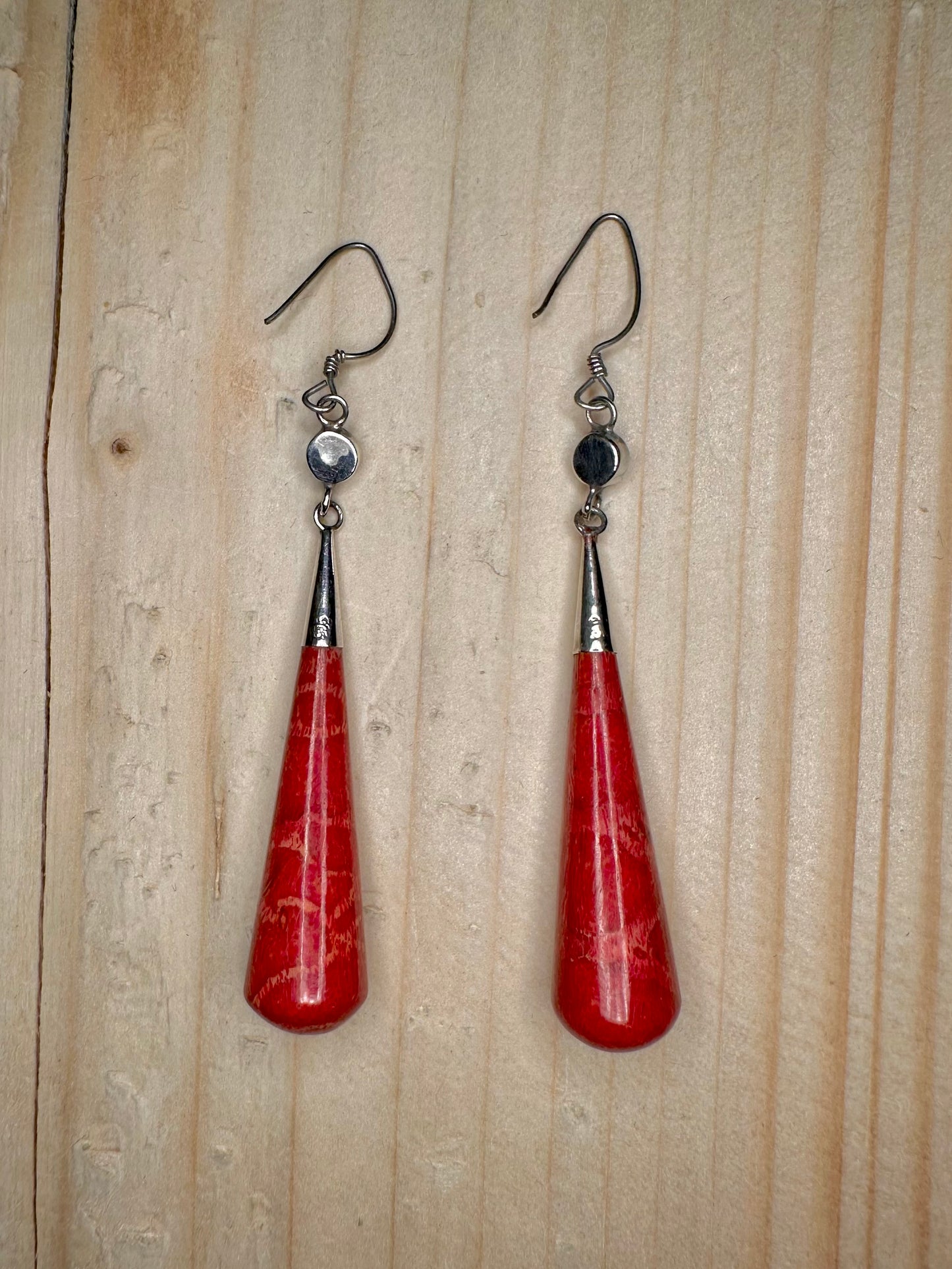 Red Coral Long Teardrop 925 Sterling Silver Earrings