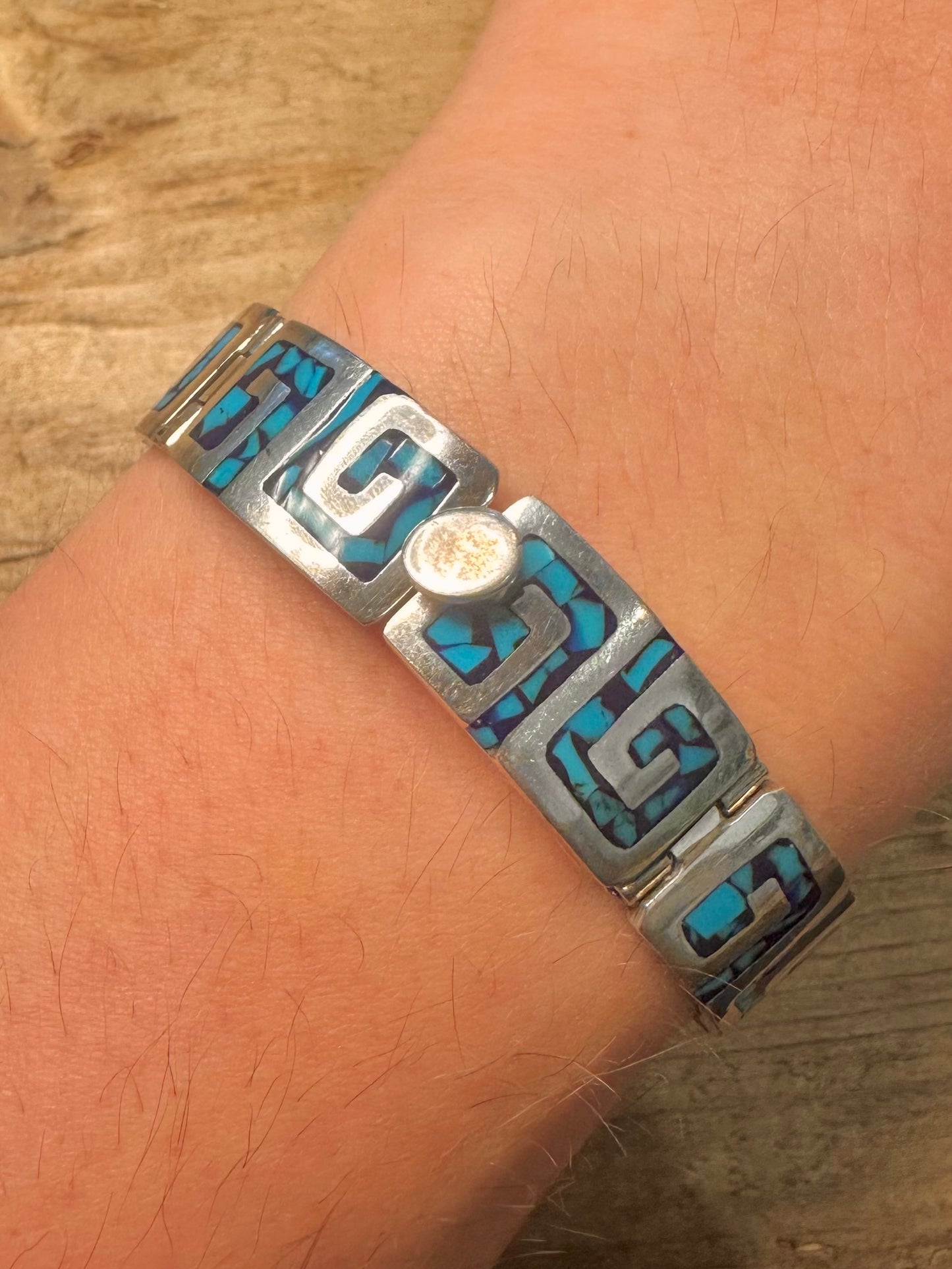 Vintage Turquoise Inlay Mexican 925 Silver 7 inch Bracelet