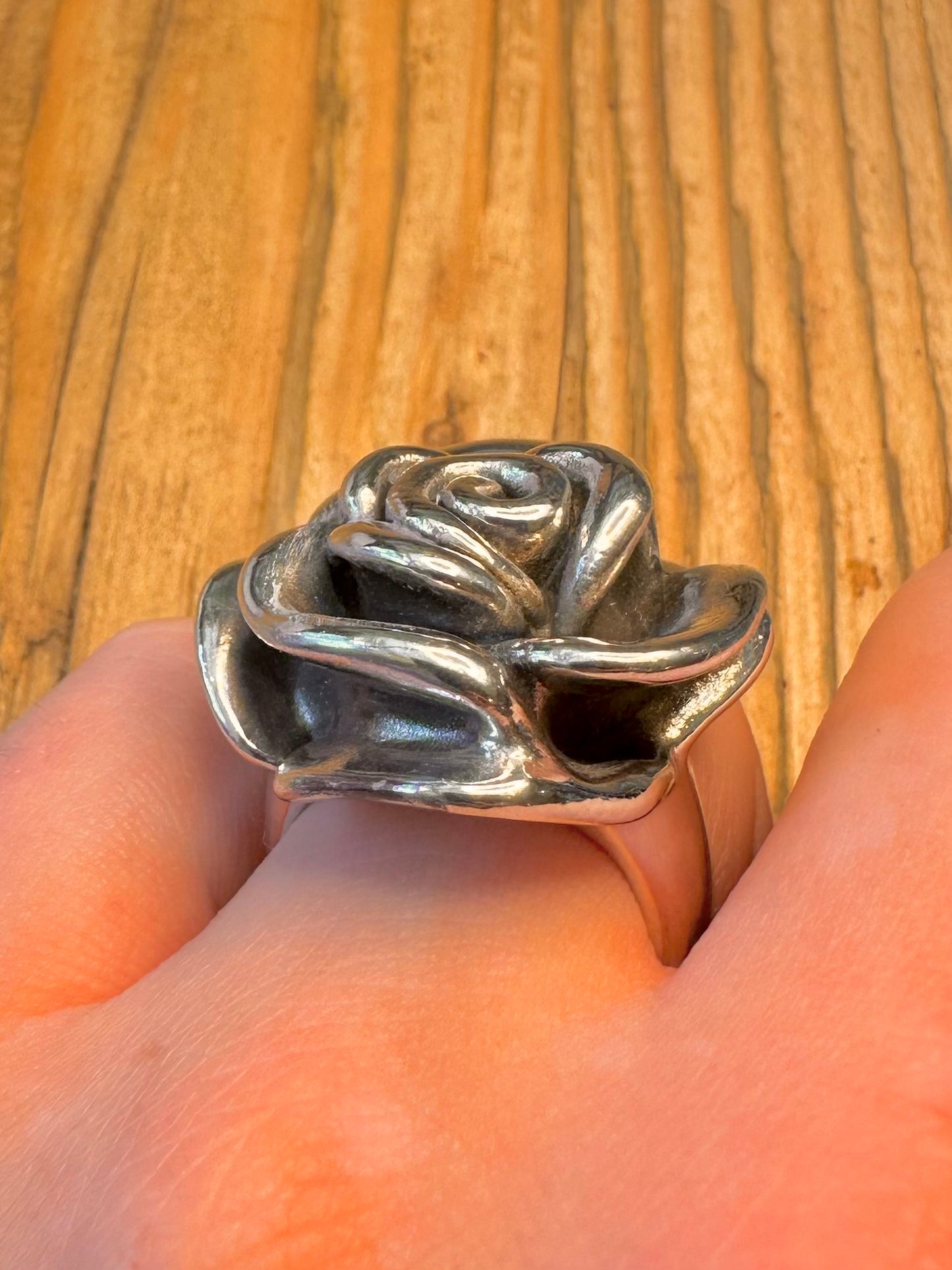 Large Rose Flower Hollow 925 Sterling Silver Size Q Ring