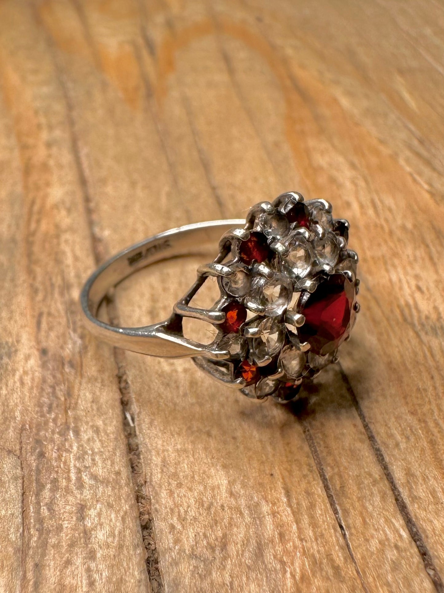 Vintage Red and White Stone Cluster 925 Sterling Silver Size K Ring