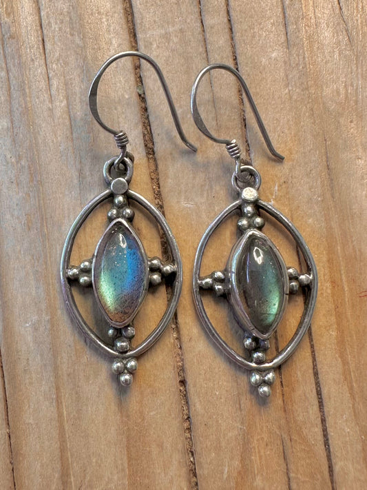 Vintage Ornate Labradorite 925 Silver Earrings