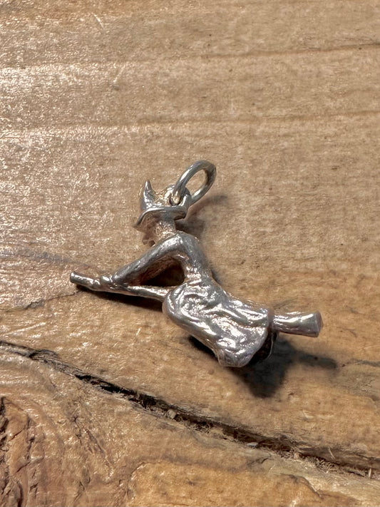 Vintage Witch on Broomstick 925 Silver Charm Pendant