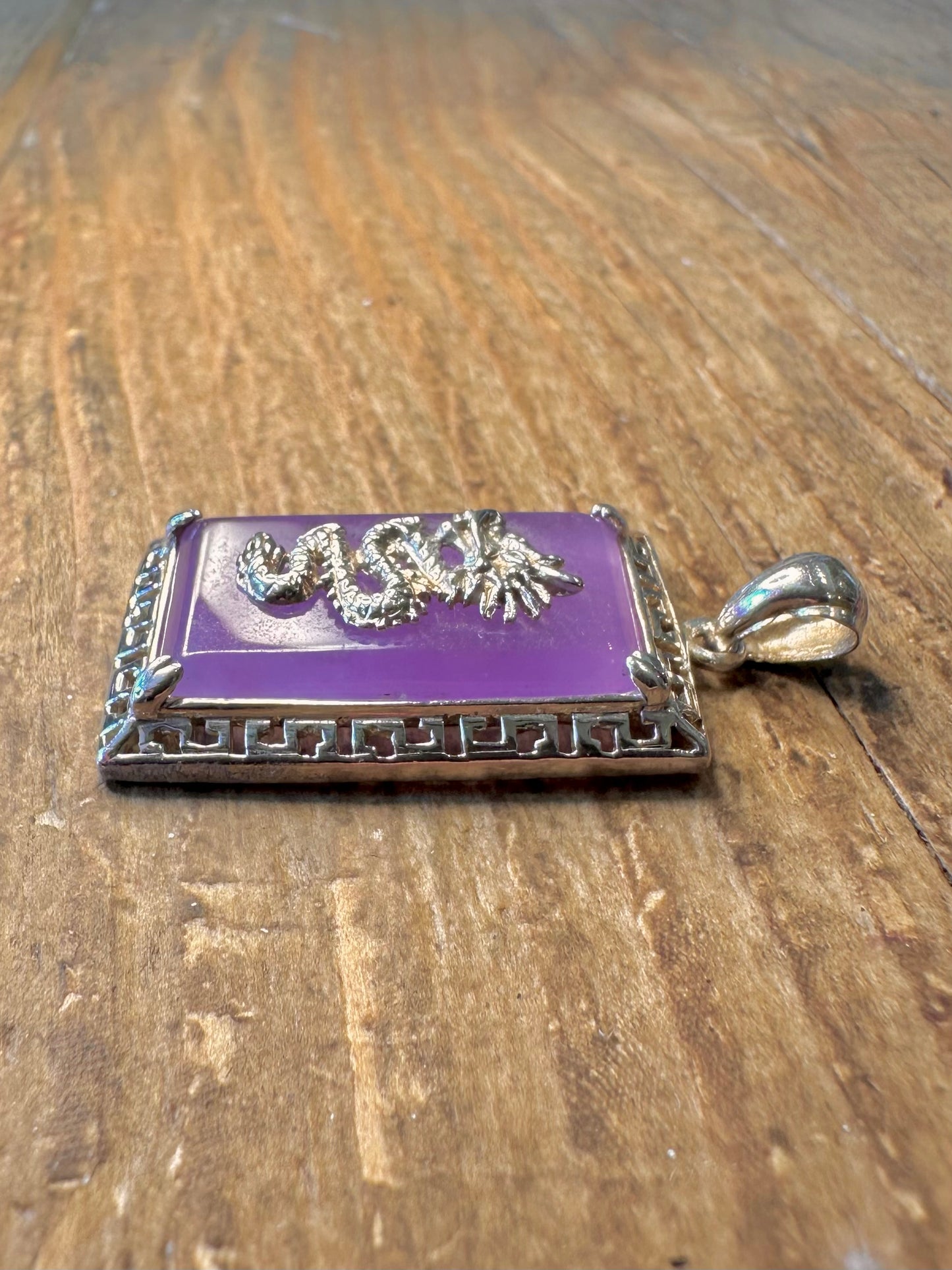 Purple Jade Dragon Rectangle 925 Sterling Silver Pendant