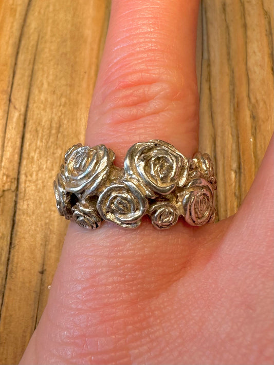 Vintage Chunky Band of Roses 925 Sterling Silver Size M1/2 Ring