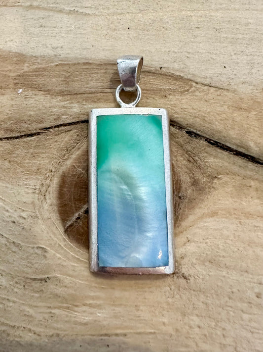 Modern Green and Blue Mother of Pearl Rectangle 925 Silver Pendant