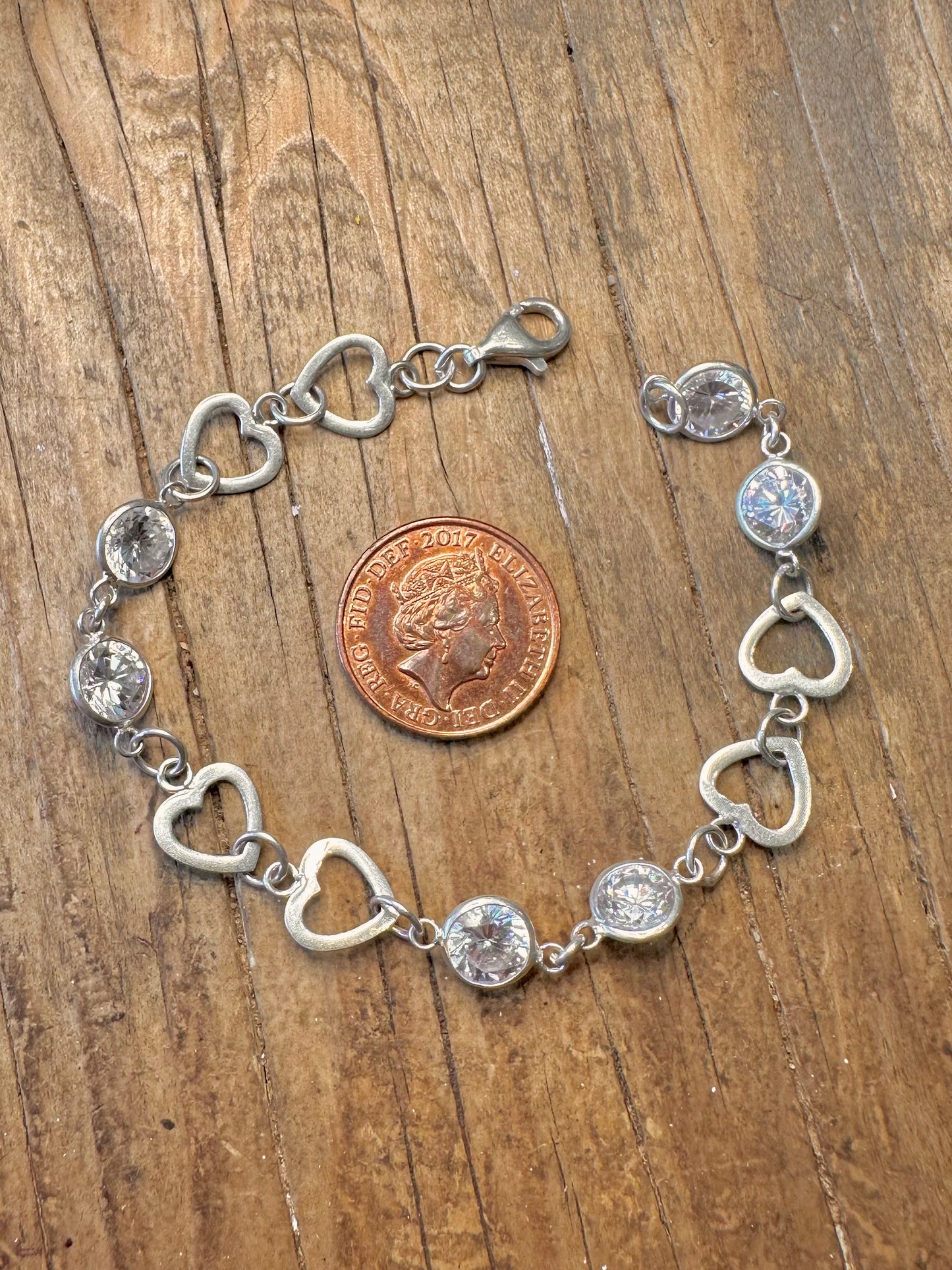 Heart Link CZ Stone 925 Sterling Silver 7.2 inch Bracelet