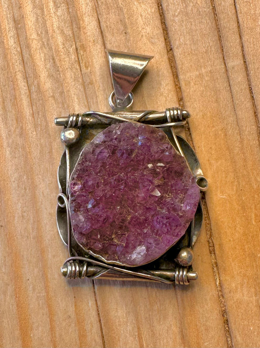 Vintage Abstract Raw Amethyst 925 Silver Pendant