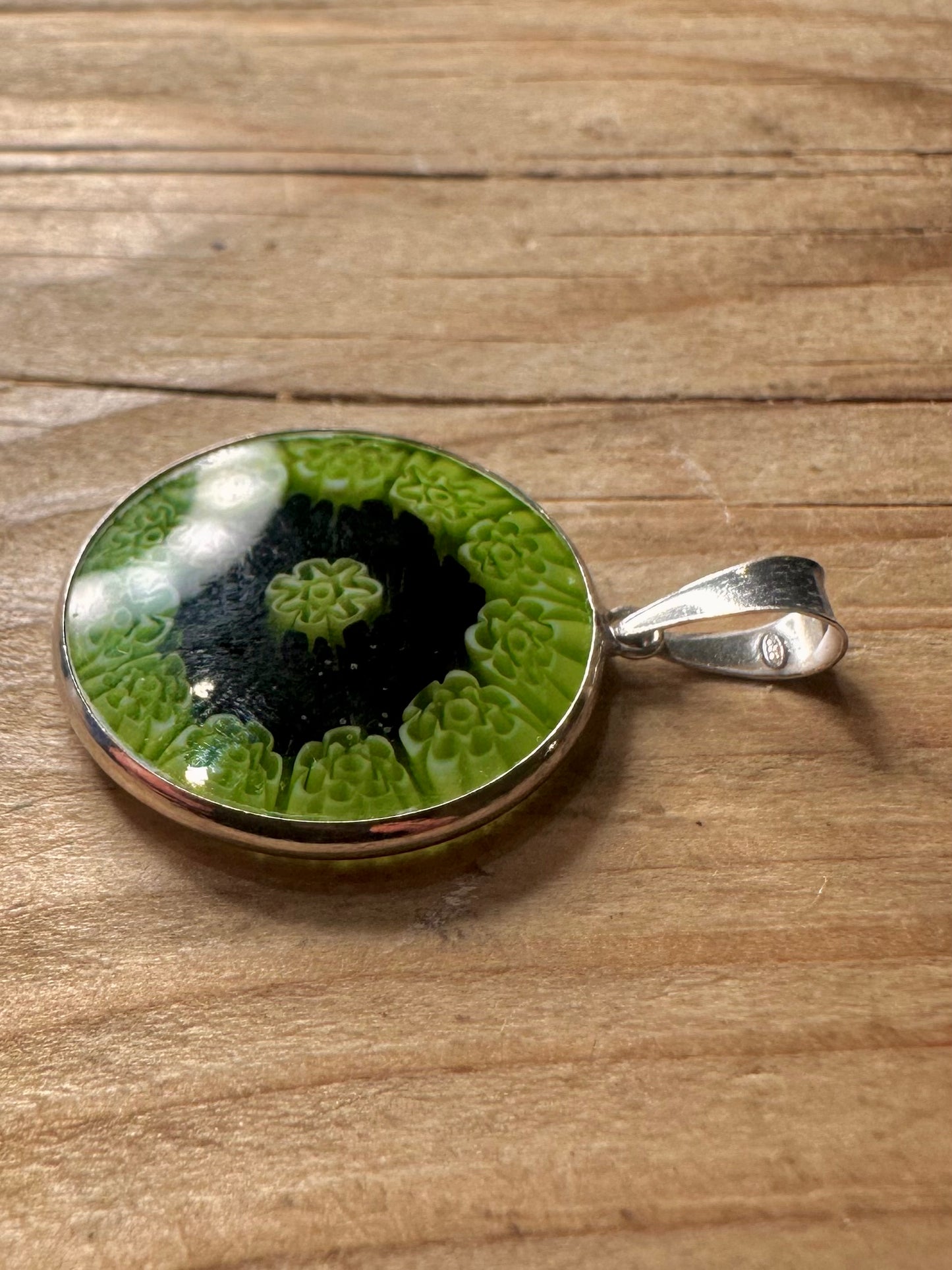 Vintage Millefiori Green Circle 925 Sterling Silver Pendant