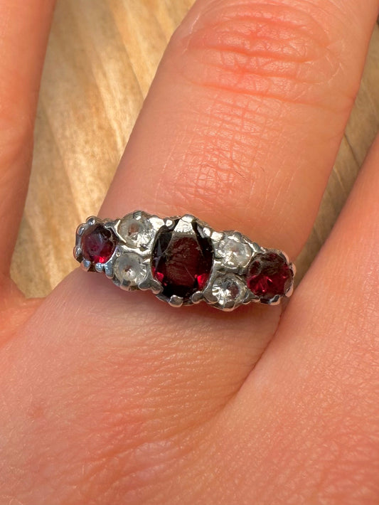 Vintage Victorian Style Red and White Stone 925 Sterling Silver Size R Ring