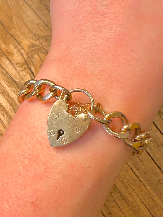 Antique Victorian 9ct Gold 1897 Curb Chain Heart Padlock with Safety Chain 36.54g Bracelet