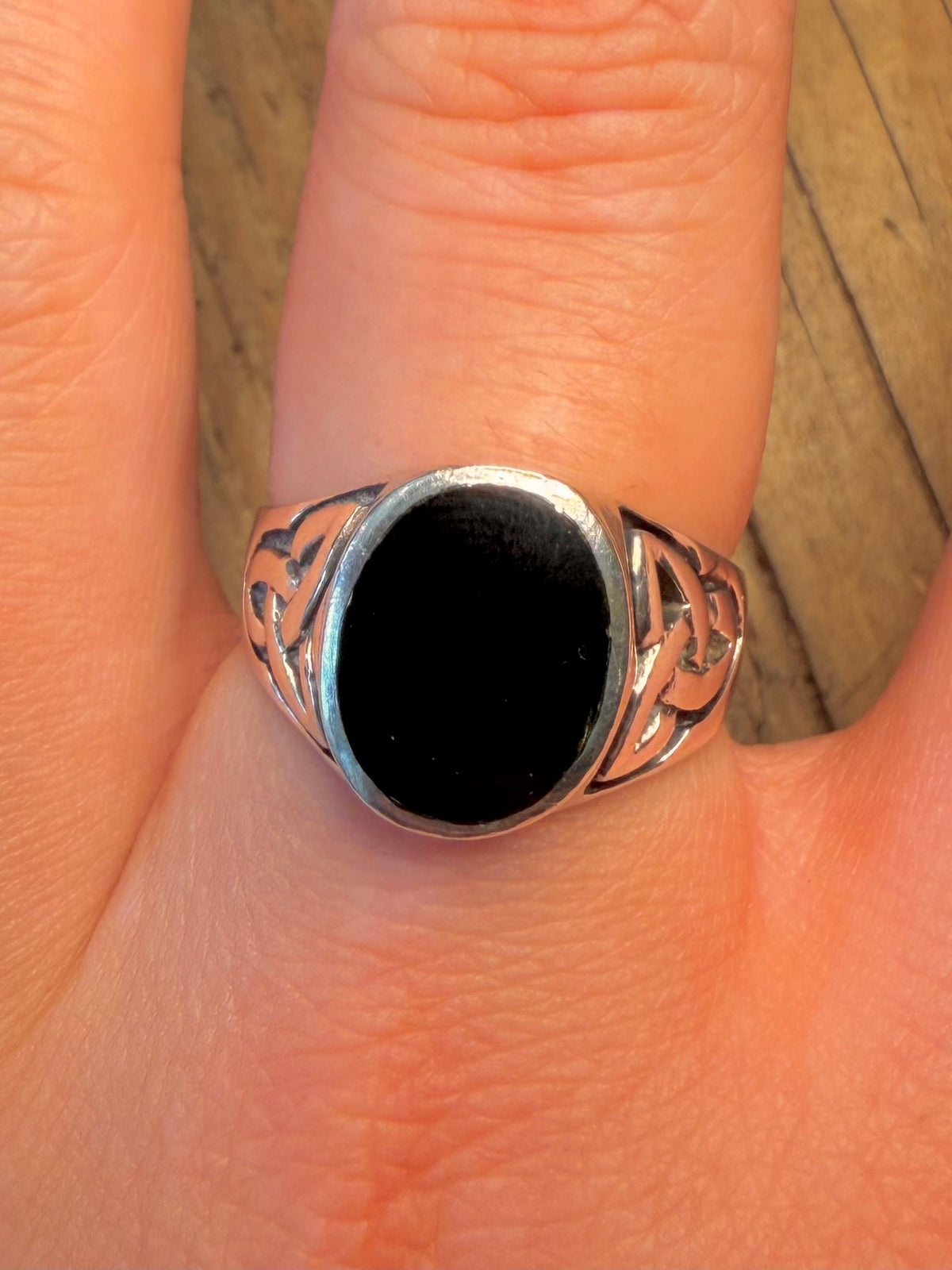 Black Stone Celtic Signet 925 Sterling Silver Size T1/2 Ring