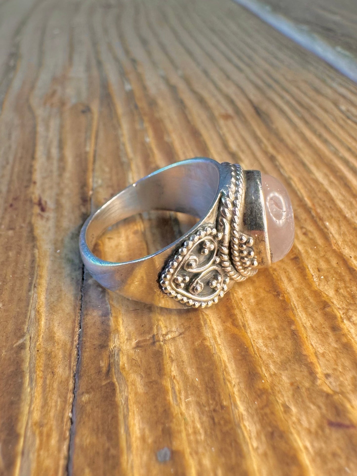 Rose Quarts Decorative 925 Sterling Silver Size L Ring
